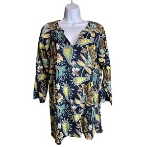 Artsy Women's Paisley Floral Print Tunic Top Long Sleeve Sz L Soft Indian Cotton